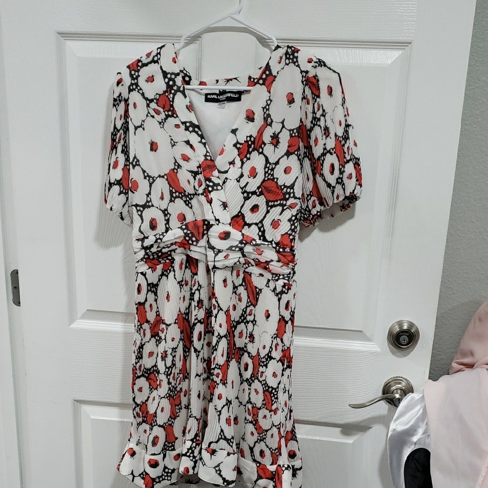 Karl Lagerfeld Red and Black Puff Sleeve Midi Dress